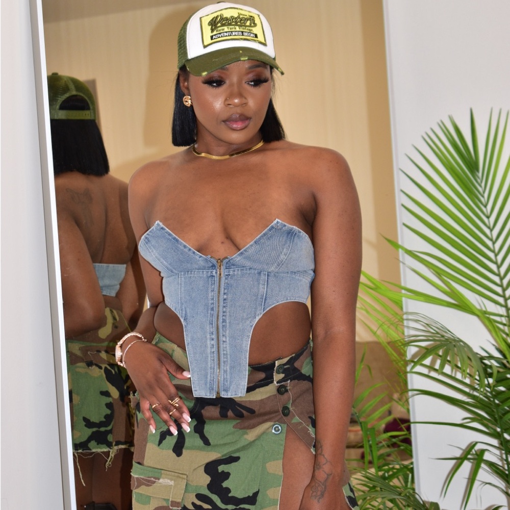 Denim Strapless Corset Top with Front Zip